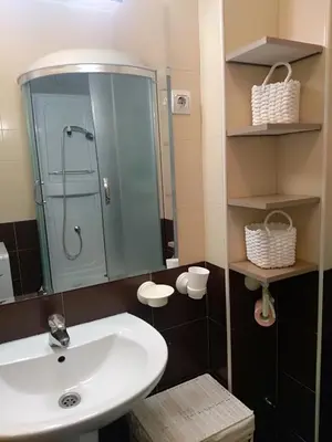 a bathroom with a sink and a glass shower at Apartman Nina Vojvode Stepe Vozdovac in Voždovac