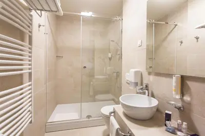 a bathroom with a shower and a toilet and a sink at Hotel Grand Hedonist in Pančevo