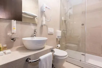 a bathroom with a sink and a toilet and a shower at Hotel Grand Hedonist in Pančevo