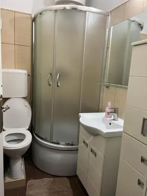 a bathroom with a shower and a toilet and a sink at Hardy's Apartment in Belgrade