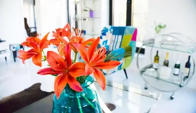 a blue vase with red flowers on a table at LION NEST in Belgrade