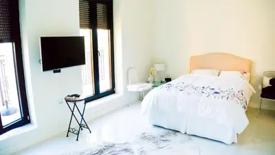 a bedroom with a bed and a flat screen tv at LION NEST in Belgrade