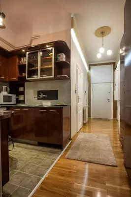 a kitchen with wooden cabinets and a kitchen rug at Knez Mihailova Apartman in Belgrade