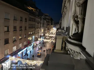 a view of a city street at night with christmas lights at Knez Mihailova Apartman in Belgrade