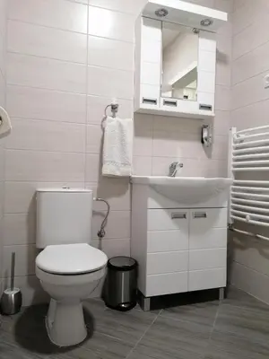 a white bathroom with a toilet and a sink at Airport view Apartment in Belgrade