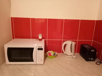 a microwave and a toaster in a kitchen with red tiles at Kiwi Apartment in Belgrade