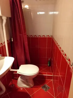 a red bathroom with a toilet and a sink at Kiwi Apartment in Belgrade