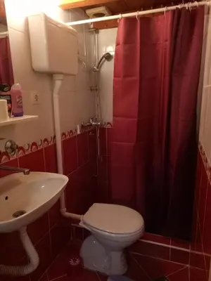a red bathroom with a toilet and a sink at Kiwi Apartment in Belgrade