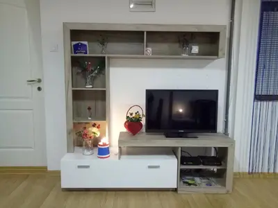 a living room with a television on a entertainment center at Tiki Apartmen in Belgrade
