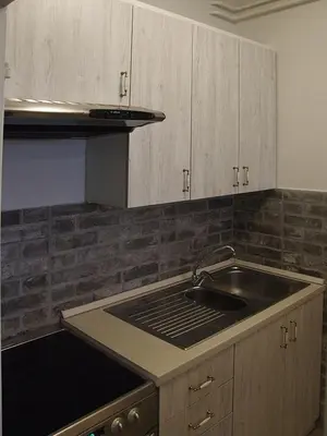 a kitchen with a sink and wooden cabinets at Arena Apartman in Belgrade