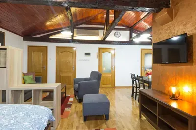 a room with a bed and a tv on a wall at Belgrade Center Apartment V in Belgrade