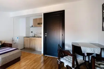 a living room with a table and a kitchen at Svetogorska tri in Belgrade