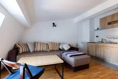 a living room with a couch and a kitchen at Svetogorska tri in Belgrade