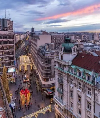 an overhead view of a city street with buildings at Knez Mihailova, Beograd in Belgrade