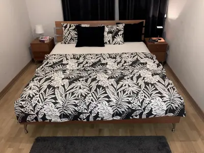 a bedroom with a bed with a black and white blanket at Knez Mihailova, Beograd in Belgrade