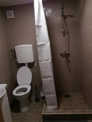 a small bathroom with a toilet and a shower at Apartman Romy in Pančevo
