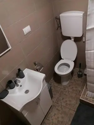 a bathroom with a white sink and a toilet at Apartman Romy in Pančevo