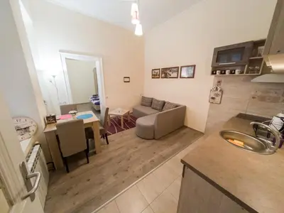 a kitchen and living room with a couch and a table at Apartment Ema in Belgrade