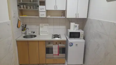 a small kitchen with a sink and a refrigerator at Vracar Krunska Jamiva in Belgrade