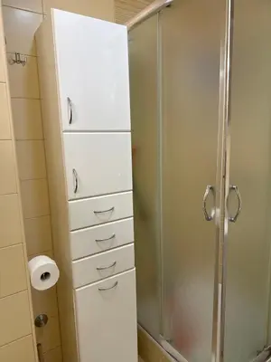 a bathroom with a shower and white drawers at Barbara in Belgrade