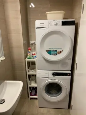 a washing machine in a bathroom next to a sink at Apartman Nodilova in Belgrade
