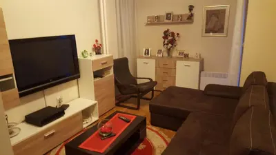 a living room with a couch and a flat screen tv at Apartman Jogi in Vračar (historical)