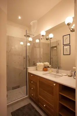a bathroom with a sink and a shower at BestStay Apartment No 9 Pedestrian zone in Belgrade
