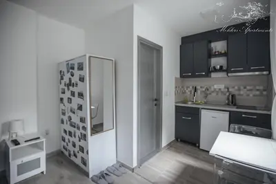 a kitchen with black cabinets and a white refrigerator at Molders Apartments in Belgrade
