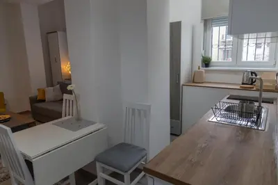 a kitchen and living room with a table and a chair at Jumi in Belgrade