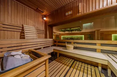 an empty sauna with wooden walls and wooden benches at Hotel Garni VIZURA Sport in Belgrade