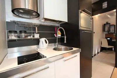 a small kitchen with a sink and a refrigerator at Business & Travel Apartments in Belgrade