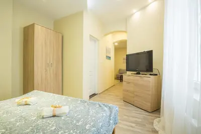a bedroom with a bed and a tv on a dresser at Belgrade Center Apartment Skadarlija II in Belgrade