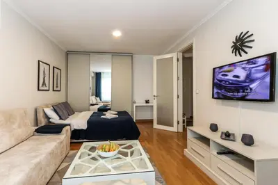 a living room with a bed and a couch at New Belgrade Apartments, parking 5 eur per day in Belgrade