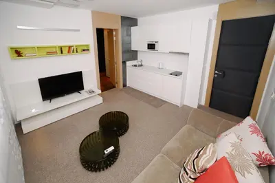 a living room with a couch and a flat screen tv at STATUS Superior Apartments in Belgrade