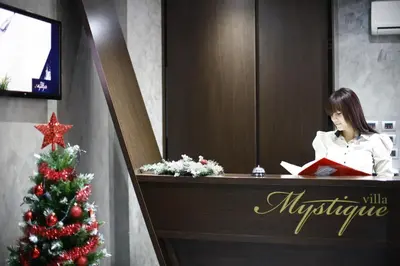 a woman reading a book at a reception desk with a christmas tree at Villa Mystique in Belgrade