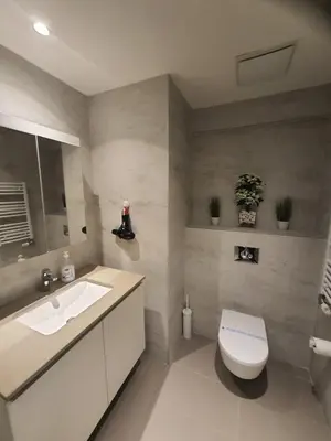 a bathroom with a white toilet and a sink at Belgrade Waterfront - Beograd na vodi in Belgrade