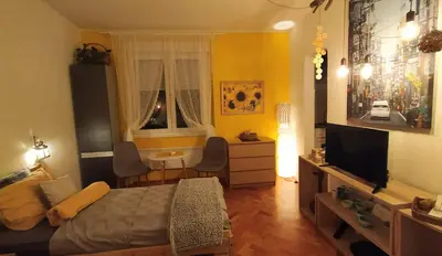 a bedroom with a bed and a desk and a television at BGMignonne, so cozy, so relaxing, so near center in Belgrade