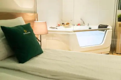 a bed with a green pillow next to a sink at Royal Suites in Belgrade