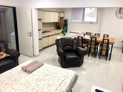 a living room with a bed and chairs and a kitchen at Apartment on a river avenue in Pančevo