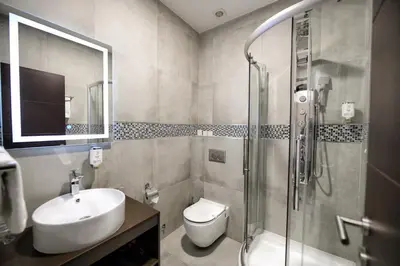 a bathroom with a sink and a toilet and a shower at Garnet Hotel & Event Centar in Ruma