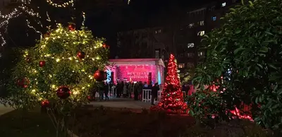 a group of christmas trees in a city at night at Supreme Palace Cube in Belgrade