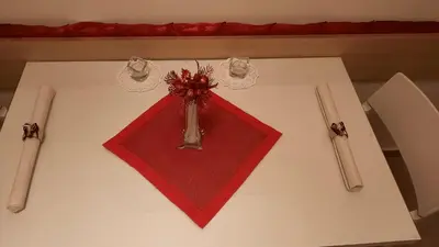 a white table with a vase on a red napkin at Belgrade 1911 apartment in Belgrade