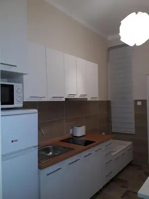 a kitchen with a white refrigerator and a sink at Belgrade 1911 apartment in Belgrade
