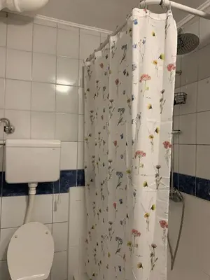 a bathroom with a shower curtain with flowers on it at Star apartment 2 in Belgrade