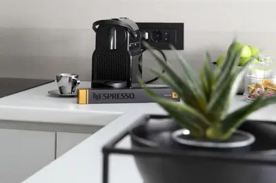 a coffee machine sitting on top of a counter with a plant at Temple Apartments Belgrade in Belgrade