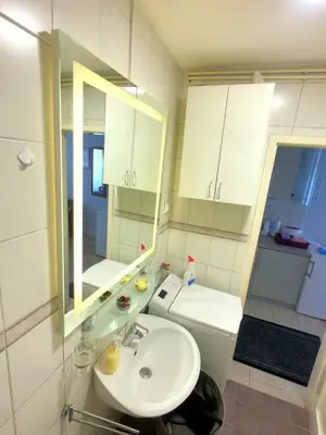 a bathroom with a sink and a toilet and a mirror at City Center Lovely Studio Apartment in Belgrade