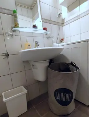 a bathroom with a sink and a trash can at City Center Lovely Studio Apartment in Belgrade