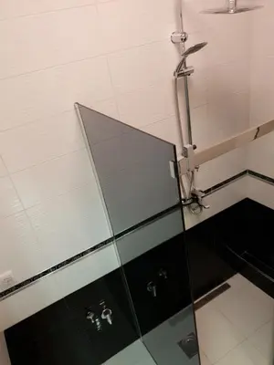 a bathroom with a shower and a mirror at Apartment Centar Exclusive Smederevo in Smederevo