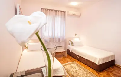 a room with two beds and a vase with a flower at Piano Cube in Belgrade