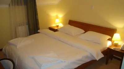 a bedroom with a large white bed with two lamps at Hotel Vila Sunce in Stara Pazova